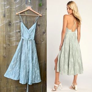 Lulu's Light Sage Green Textured Midi Dress with Crisscross Straps
